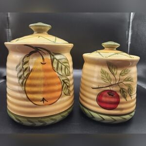 Vintage Art Studio Collection Ceramic Kitchen Apple & Pear Canisters Set Of 2